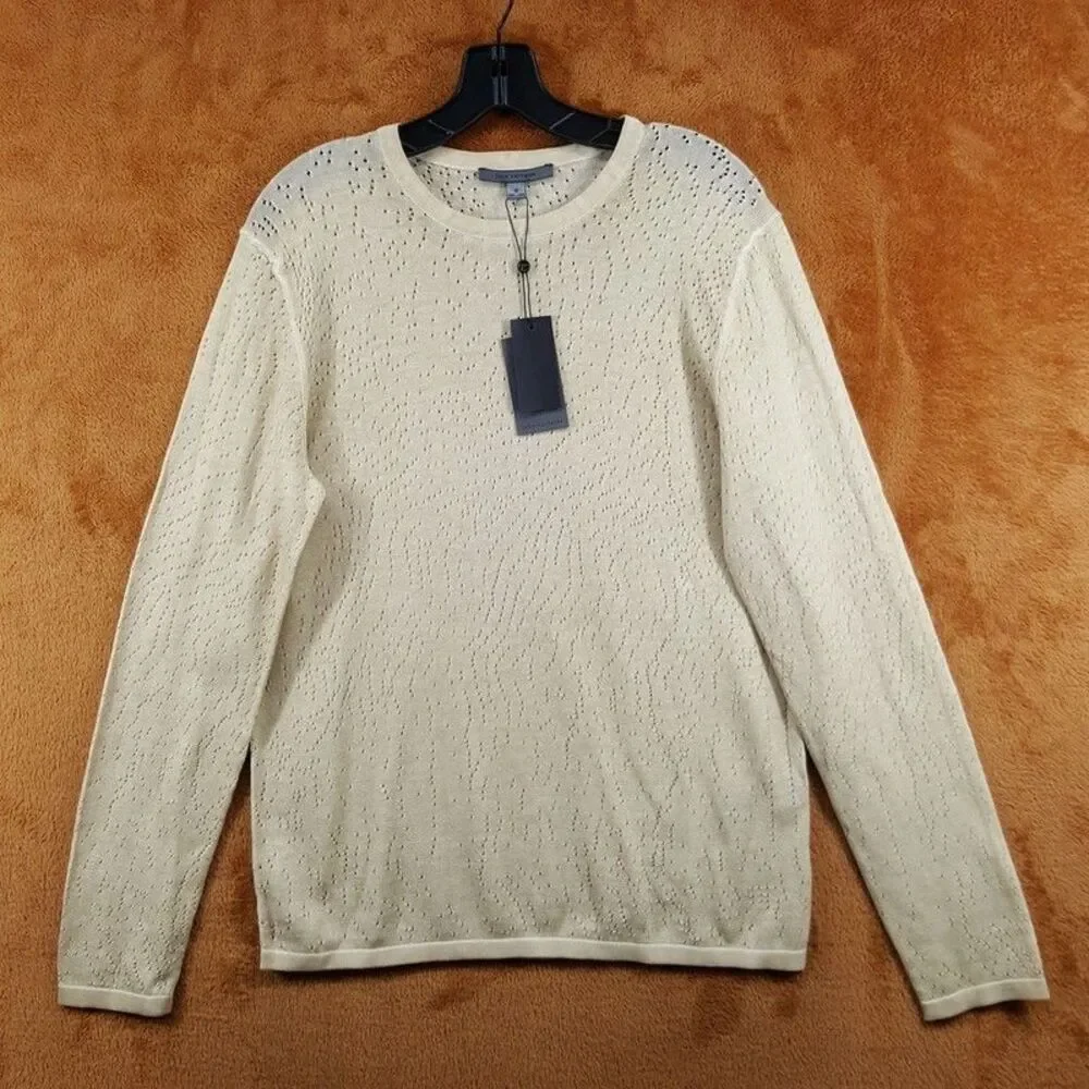 JOHN VARVATOS Mens Sweater Small Tan Pullover Crew CAMDEN Mesh Stitch Sheer $228